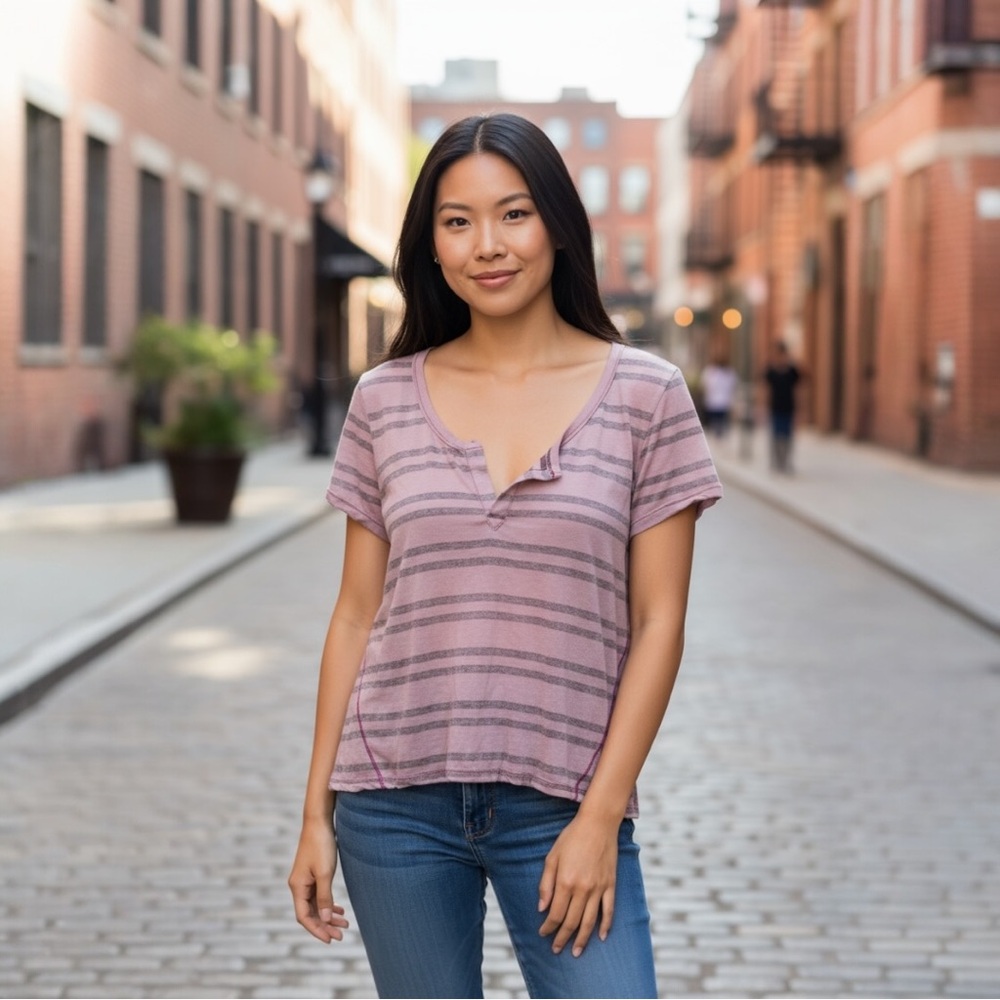 We The Free Pink and Gray Striped Top